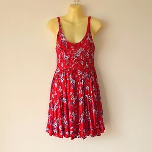 NWOT Japna Red Floral Smock Mini Dress Ruched  Strappy Sleeveless Scoop Neck XS